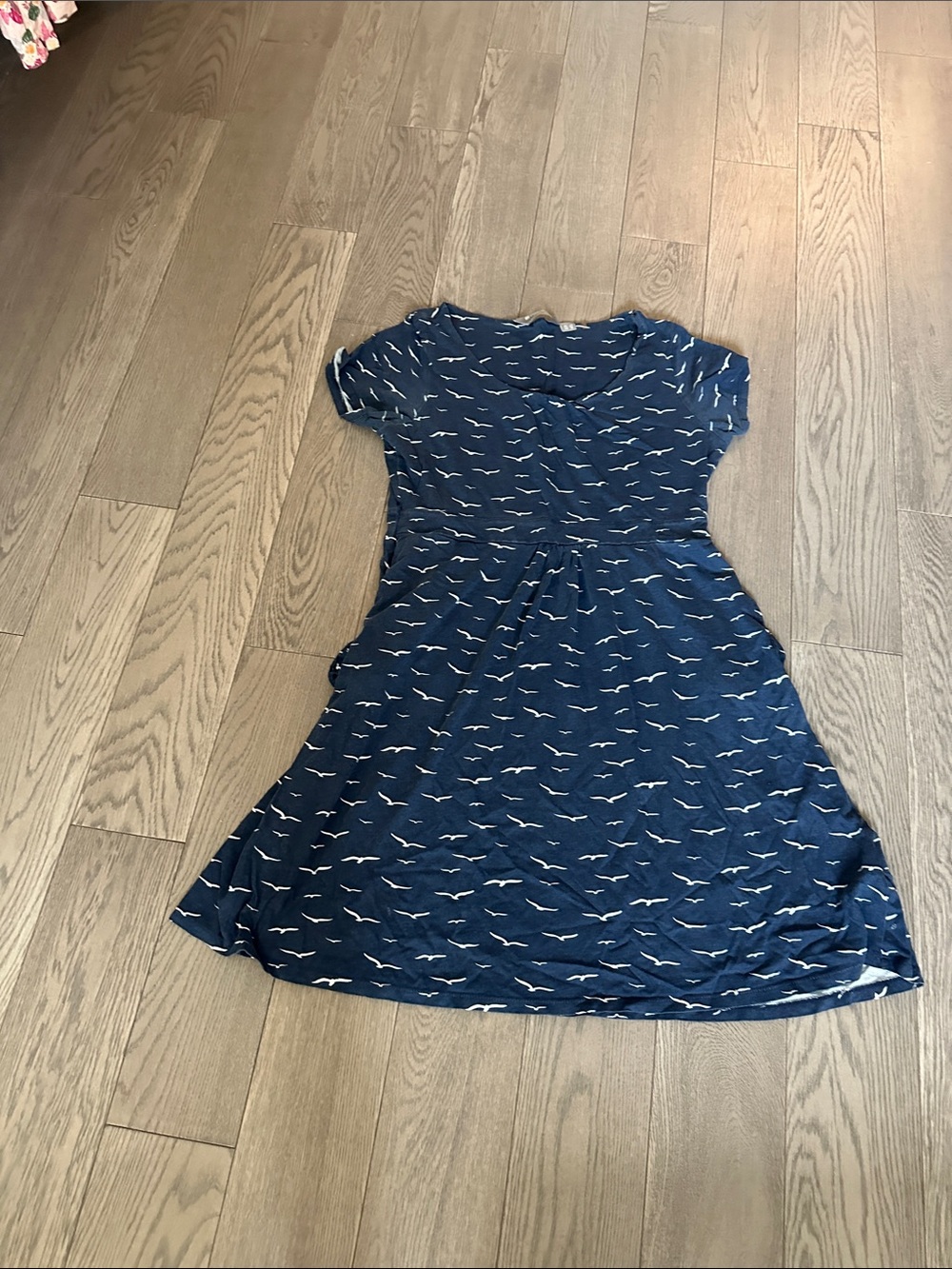Girls' Navy Blue Short Sleeve Dress with Seagull Print